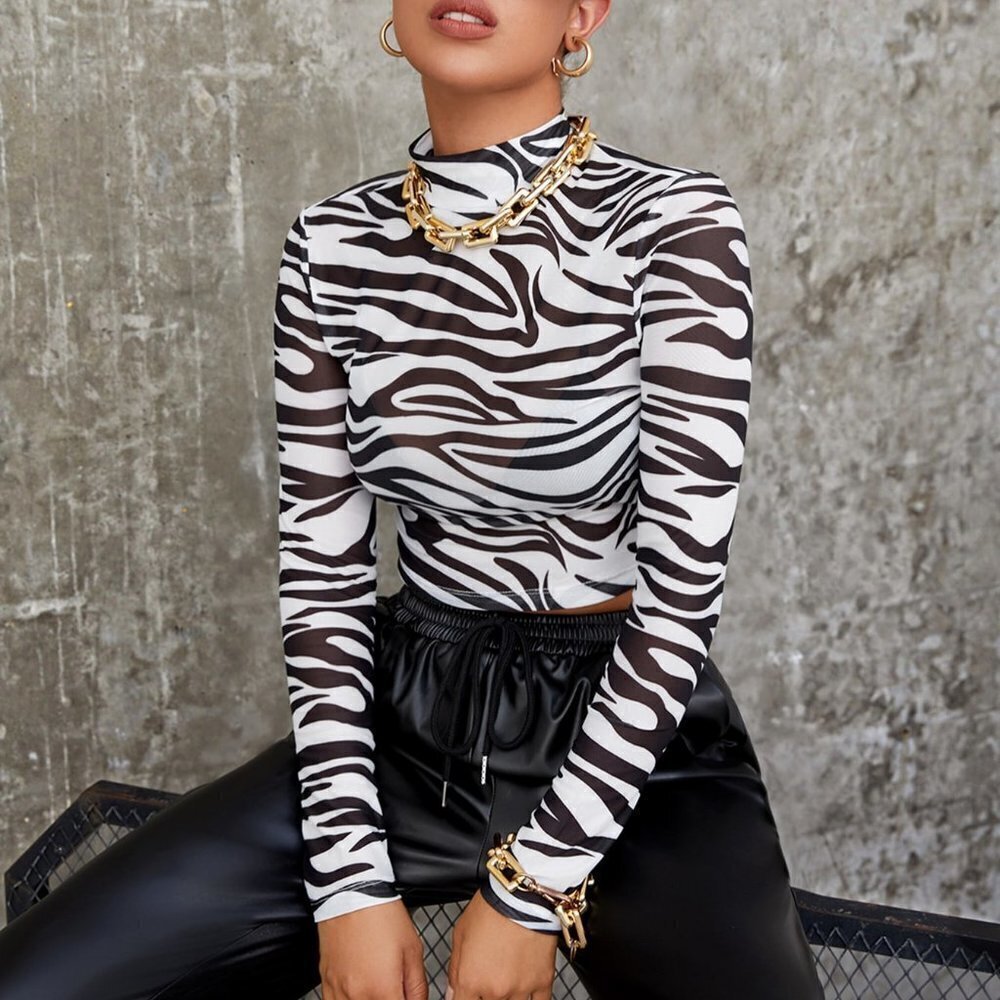 Black & White Boho Womens Mock Neck Zebra Striped Sheer Mesh Top